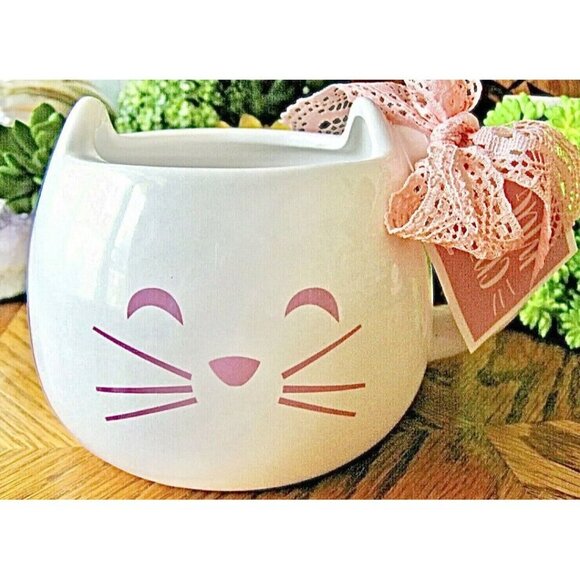 New XL Pink & White Cat Ceramic Coffee Tea Mug Cup w/ Bow - Picture 1 of 8